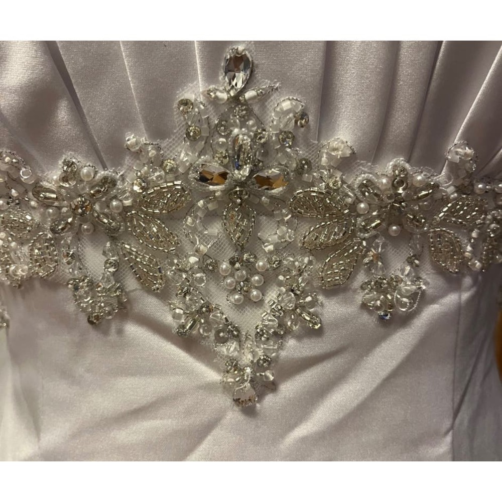 Satin Empire Waist A-Line Wedding Gown with Beaded Crystal Detail - Picture 3 of 11